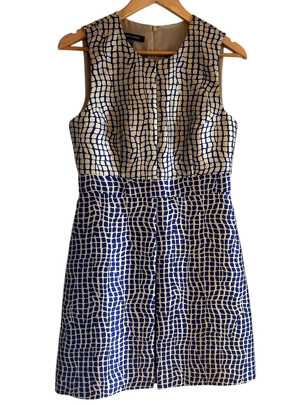 Sleeveless Navy and Cream Patterned Sheath Dress by